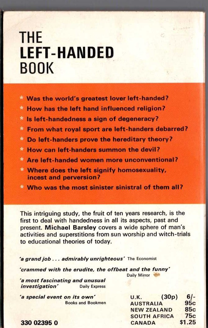 Michael Barsley  THE LEFT-HANDED BOOK magnified rear book cover image