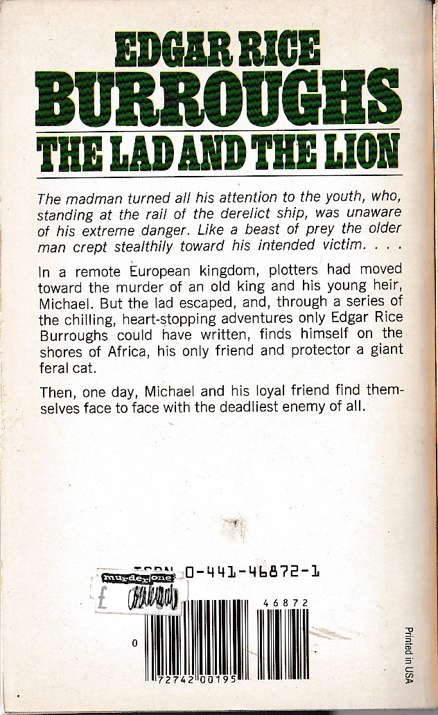 Edgar Rice Burroughs  THE LAD AND THE LION magnified rear book cover image