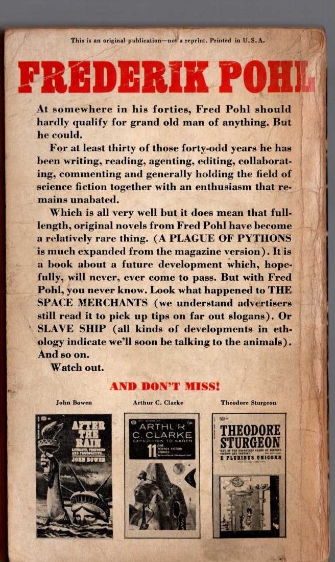 Frederik Pohl  A PLAGUE OF PYTHONS magnified rear book cover image
