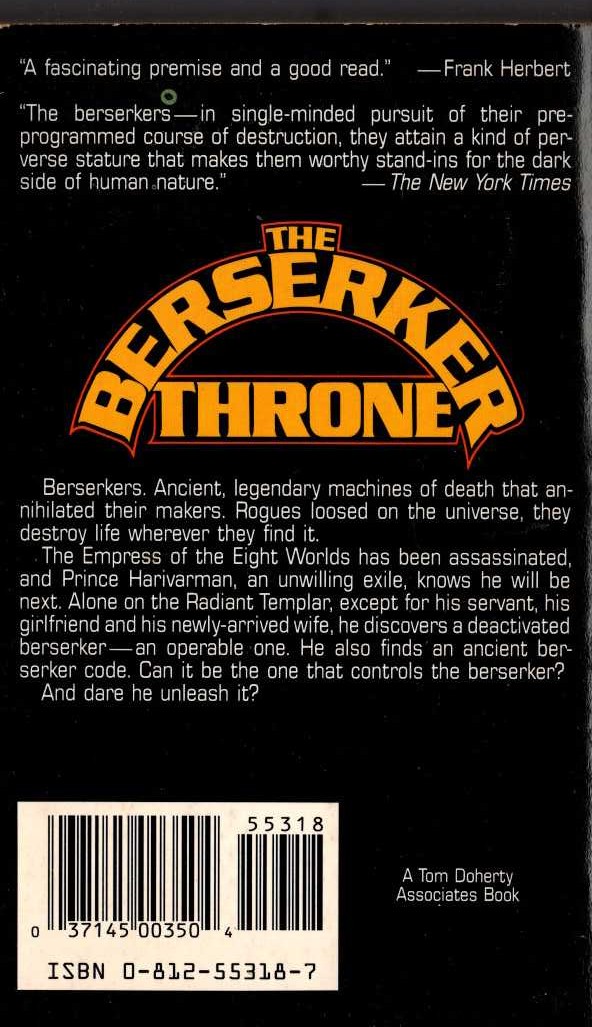 Fred Saberhagen  THE BERSERKER THRONE magnified rear book cover image