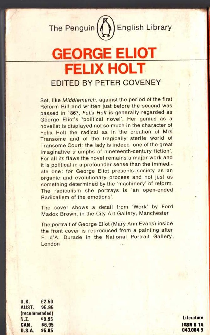 George Eliot  FELIX HOLT magnified rear book cover image