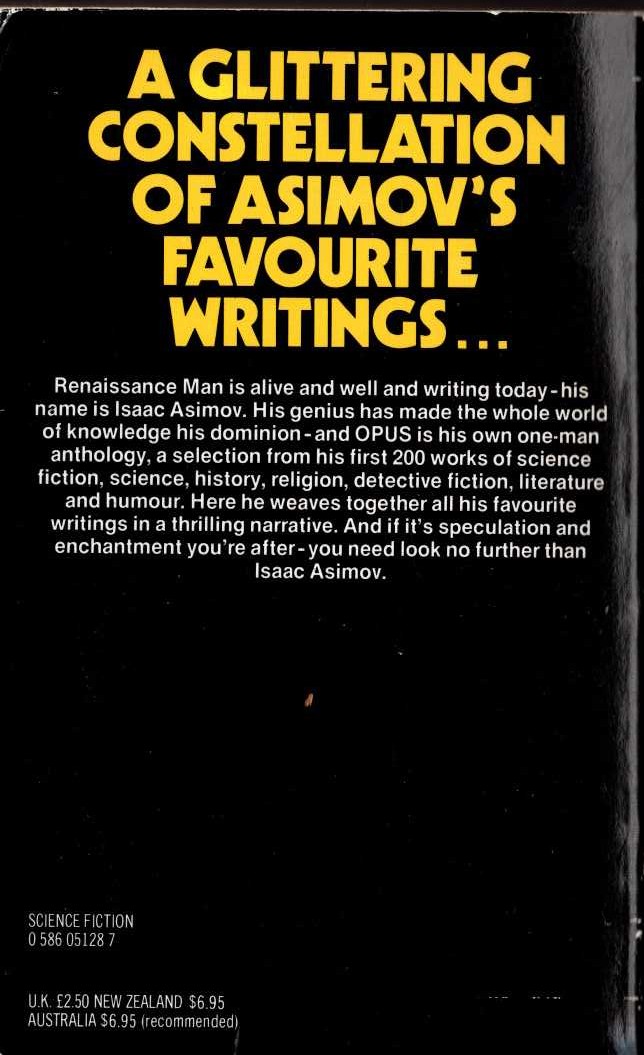 Isaac Asimov  OPUS: THE BEST OF ASAAC ASIMOV magnified rear book cover image