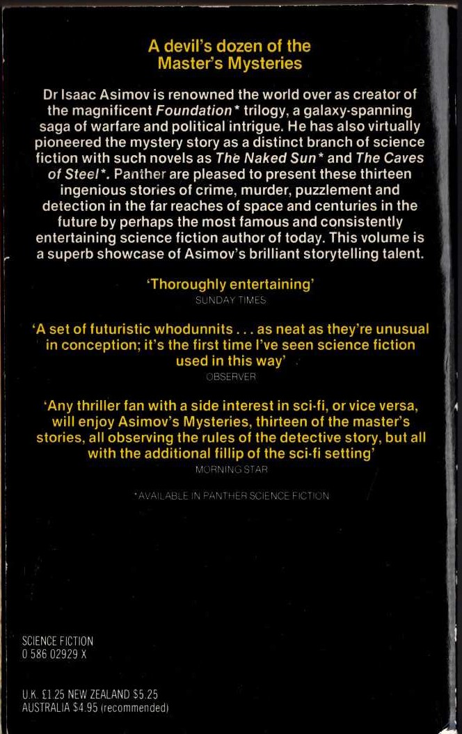 Isaac Asimov  ASIMOV'S MYSTERIES magnified rear book cover image