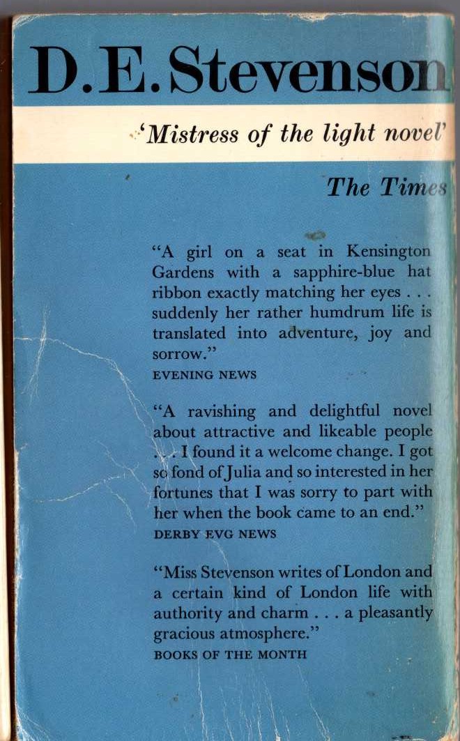 D.E. Stevenson  THE BLUE SAPPHIRES magnified rear book cover image