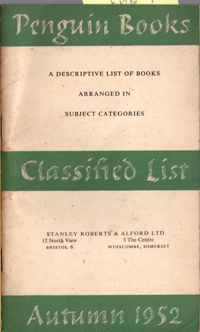 Penguin   PENGUIN CLASSIFIED LIST 1952 front book cover image