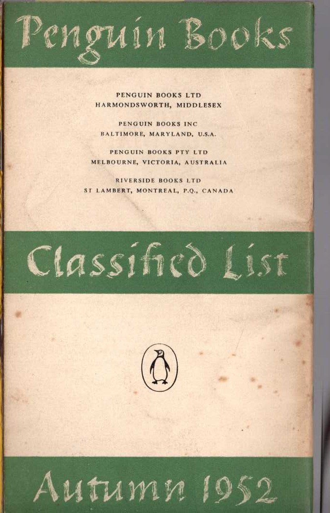 Penguin   PENGUIN CLASSIFIED LIST 1952 magnified rear book cover image