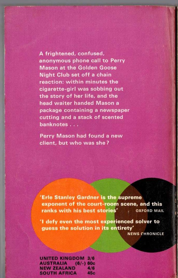 Erle Stanley Gardner  THE CASE OF THE ONE-EYED WITNESS magnified rear book cover image