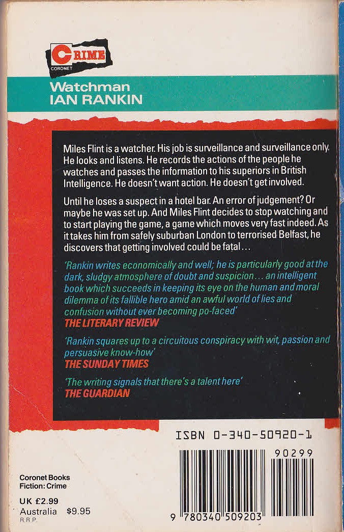 Ian Rankin  WATCHMAN magnified rear book cover image