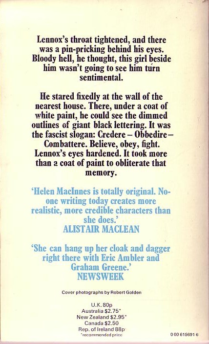 Helen MacInnes  HORIZON magnified rear book cover image