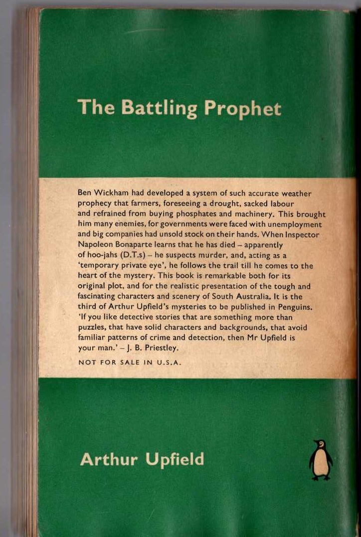 Arthur Upfield  THE BATTLING PROPHET magnified rear book cover image