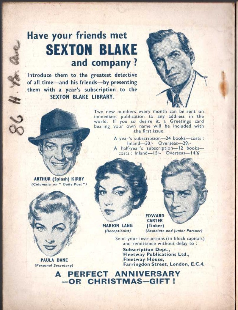 Desmond Reid  CONTRACT FOR A KILLER (Sexton Blake) magnified rear book cover image