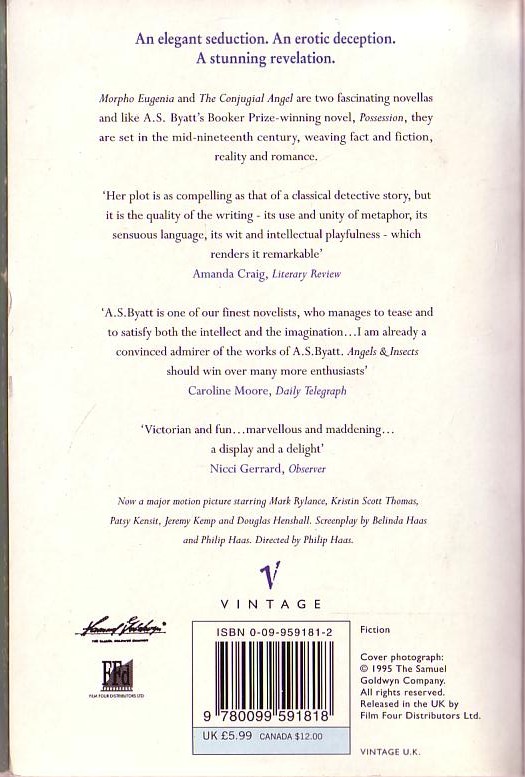 A.S. Byatt  ANGELS AND INSECTS magnified rear book cover image