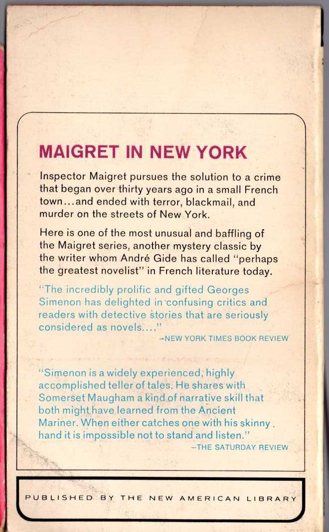 Georges Simenon  INSPECTOR MAIGRET IN NEW YORK'S UNDERWORLD magnified rear book cover image