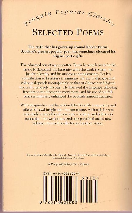 Robert Burns SELECTED POEMS  Penguin 1996 rear cover image