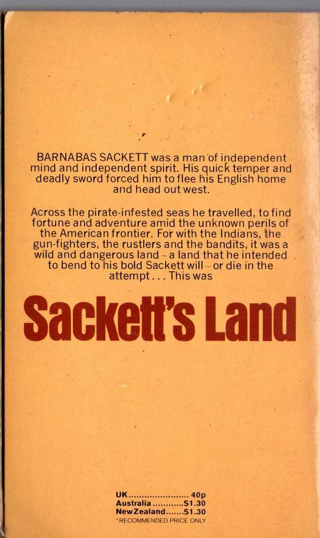 Louis L'Amour  SACKETT'S LAND magnified rear book cover image