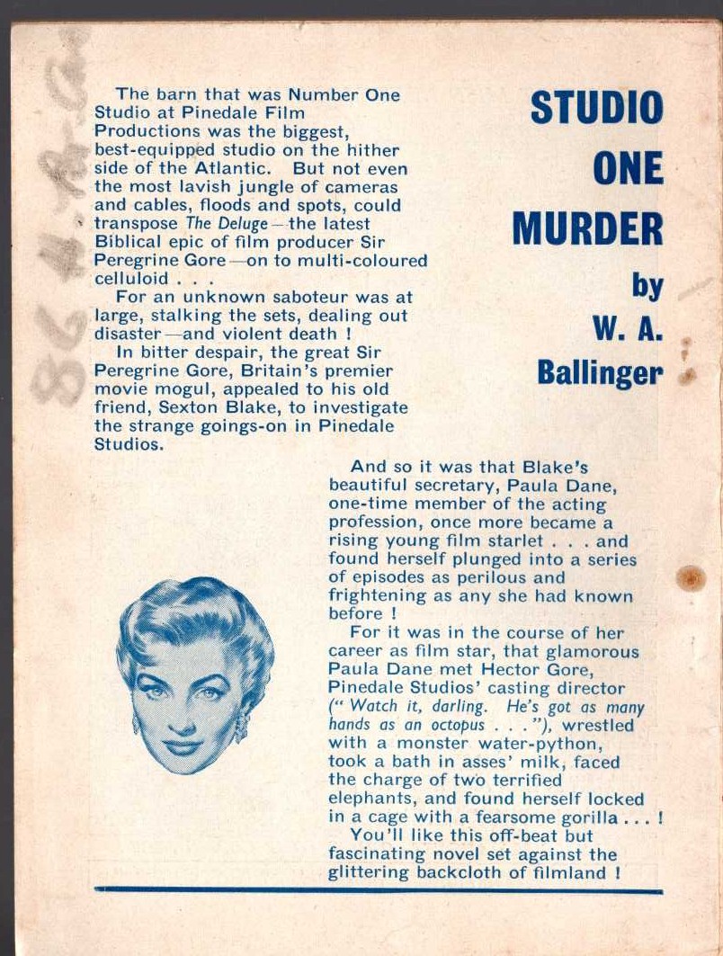 W.A. Ballinger  STUDIO ONE MURDER (Sexton Blake) magnified rear book cover image