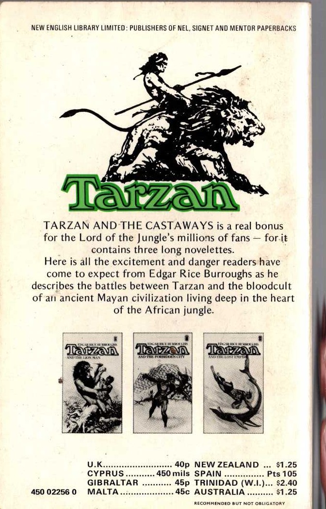 Edgar Rice Burroughs  TARZAN AND THE CASTAWAYS magnified rear book cover image
