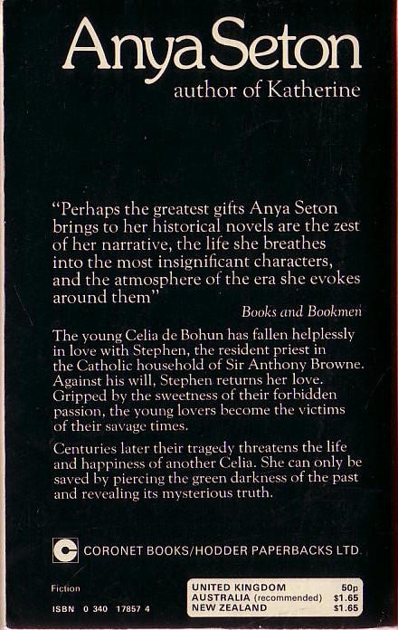 Anya Seton  GREEN DARKNESS magnified rear book cover image