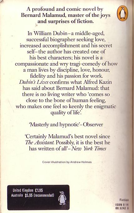 Bernard Malamud  DUBLIN'S LIVES magnified rear book cover image