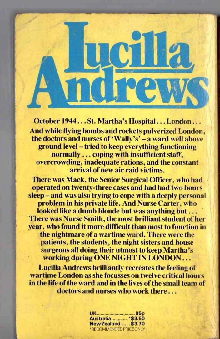 Lucilla Andrews  ONE NIGHT IN LONDON magnified rear book cover image