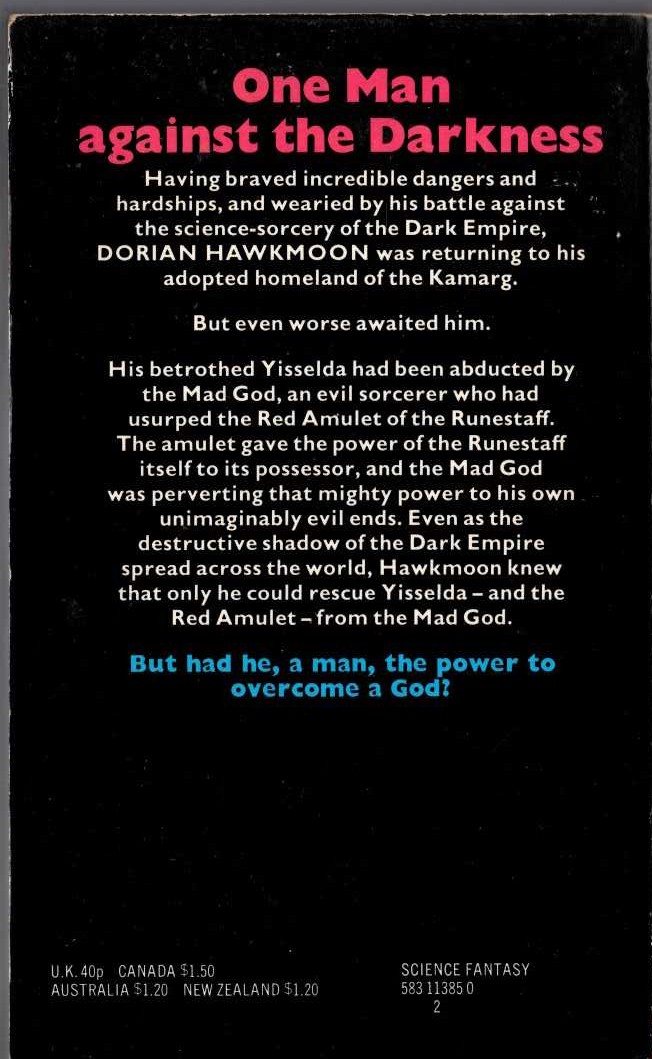 Michael Moorcock  THE MAD GOD'S AMULET magnified rear book cover image