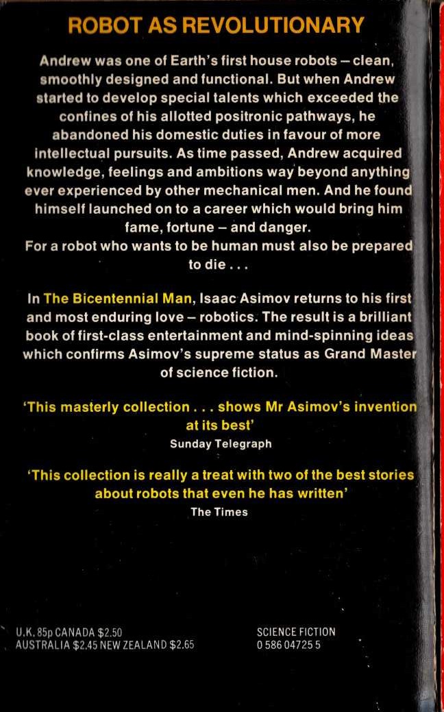 Isaac Asimov  THE BICENTENNIAL MAN magnified rear book cover image