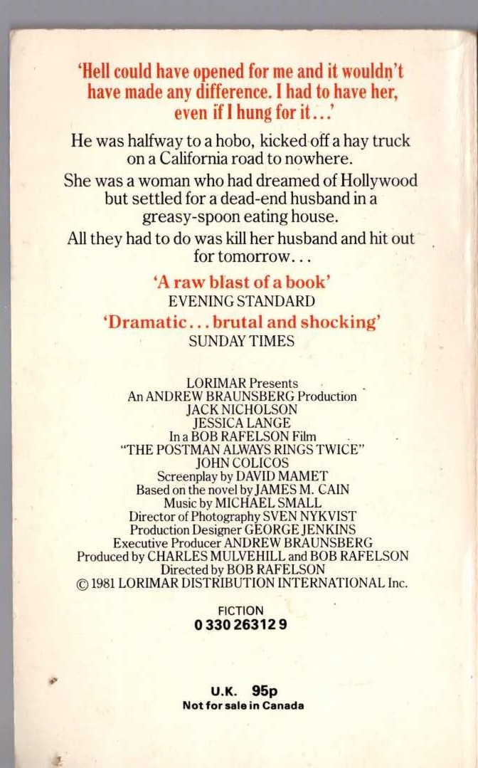 James M. Cain  THE POSTMAN ALWAYS RINGS TWICE (Film tie-in: Jack Nicholson) magnified rear book cover image