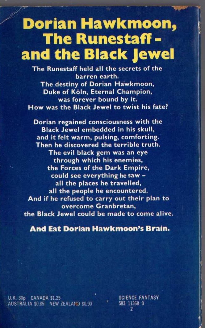Michael Moorcock  THE JEWEL IN THE SKULL magnified rear book cover image