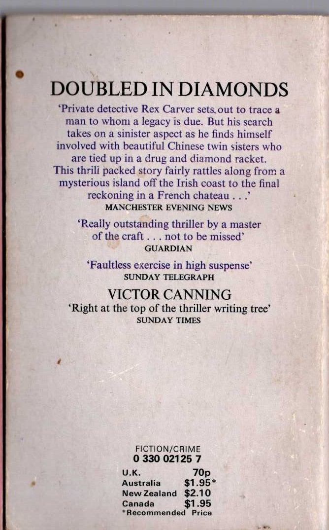 Victor Canning  DOUBLED IN DIAMONDS magnified rear book cover image