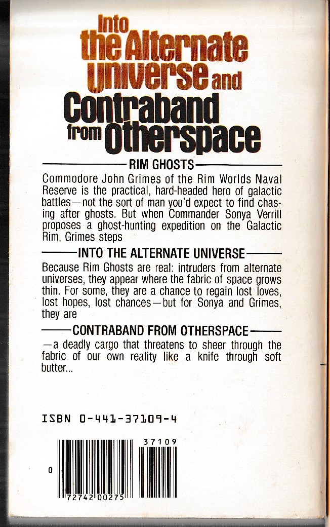 A.Bertram Chandler  INTO THE ALTERNATE UNIVERSE and CONTRABAND FROM OTHERSPACE magnified rear book cover image