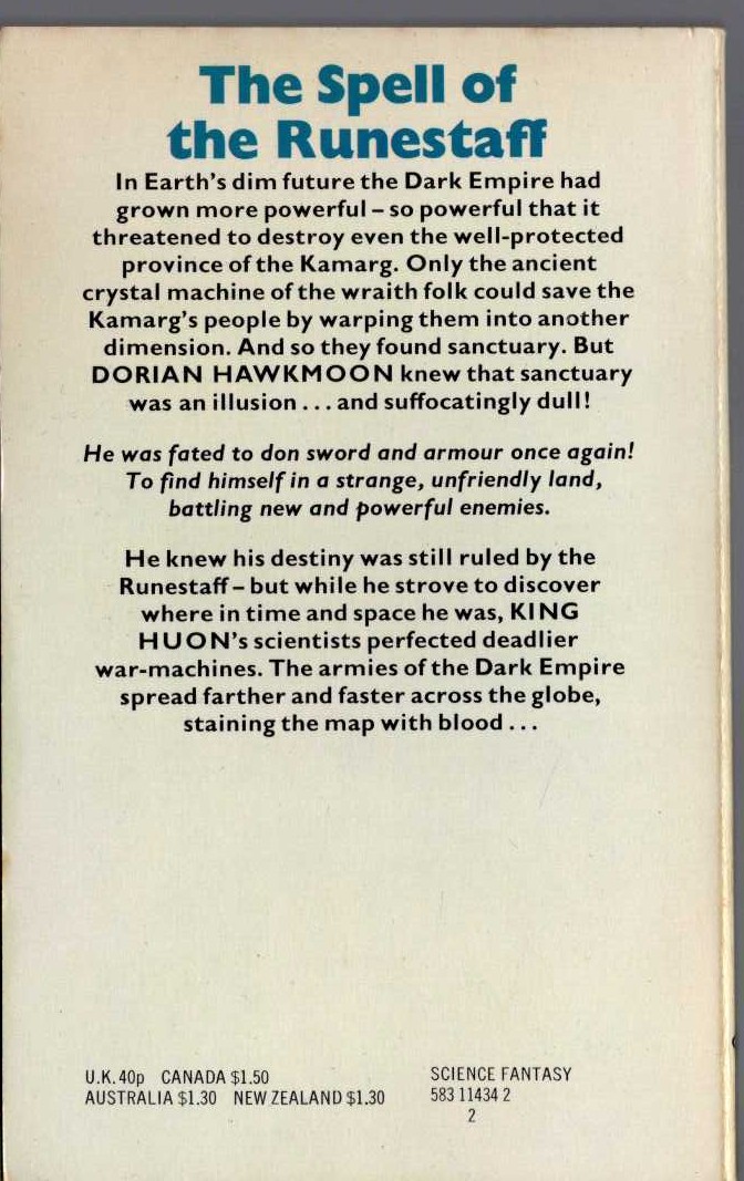 Michael Moorcock  THE SWORD OF THE DAWN magnified rear book cover image