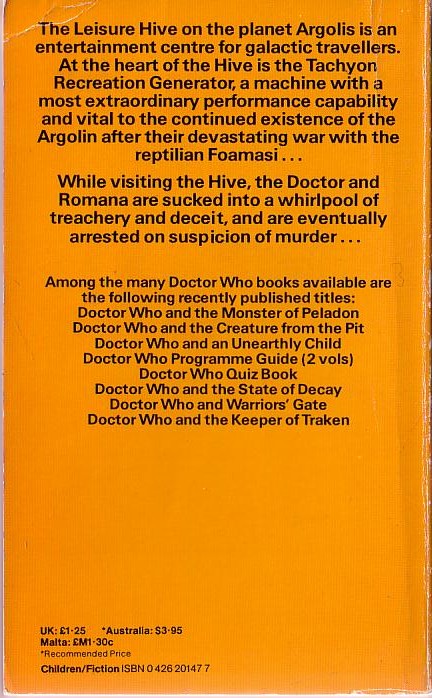 David Fisher  DOCTOR WHO AND THE LEISURE HIVE magnified rear book cover image
