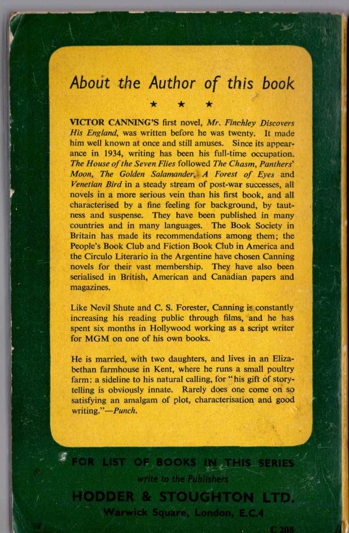 Victor Canning  THE HOUSE OF THE SEVEN FLIES magnified rear book cover image