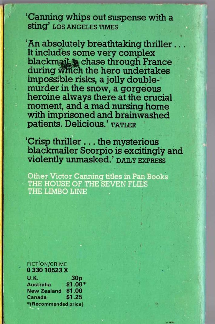 Victor Canning  THE SCORPIO LETTERS magnified rear book cover image