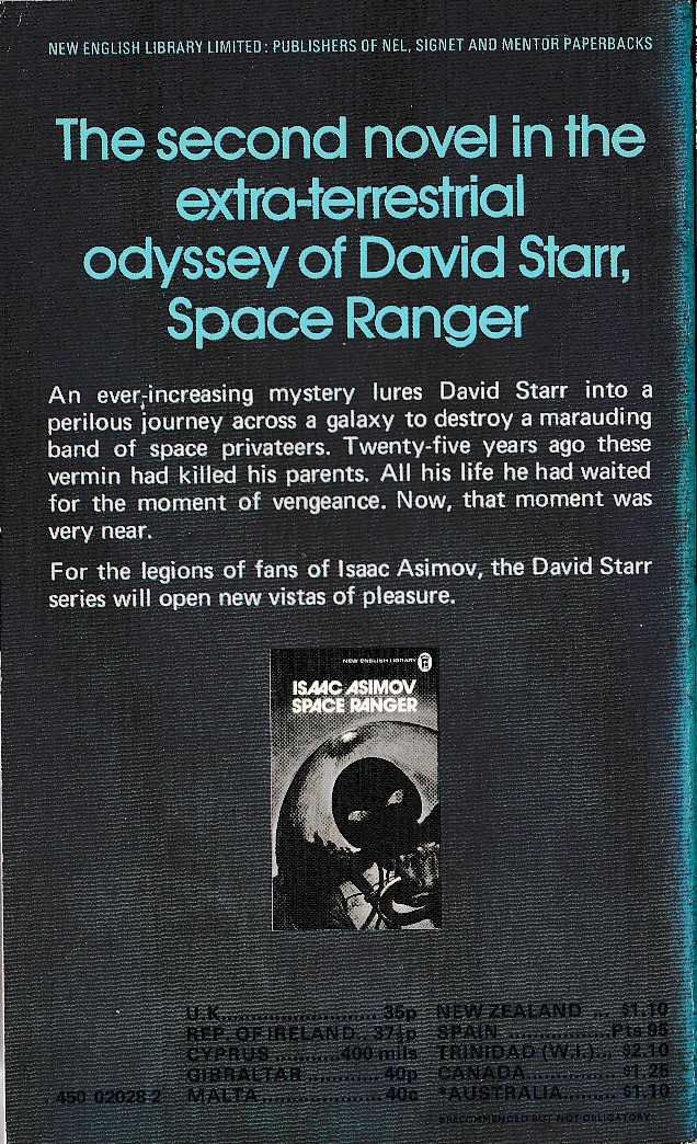 Isaac Asimov  PIRATES OF THE ASTEROIDS magnified rear book cover image