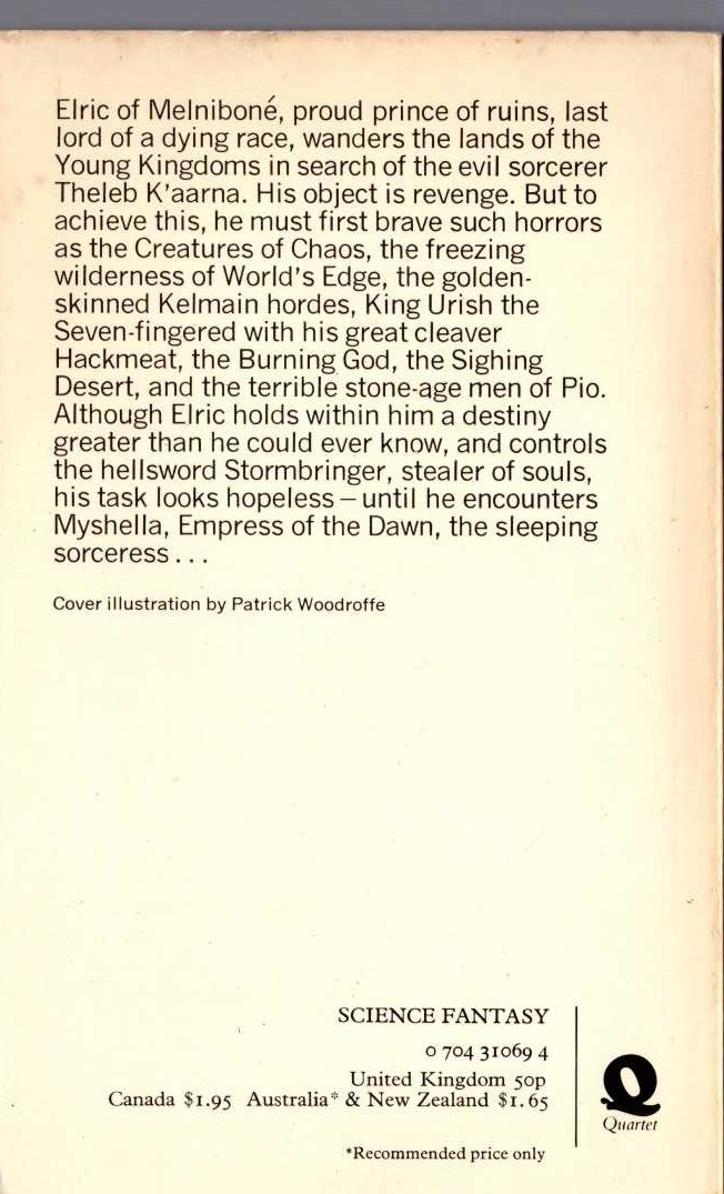 Michael Moorcock  THE SLEEPING SORCERESS magnified rear book cover image