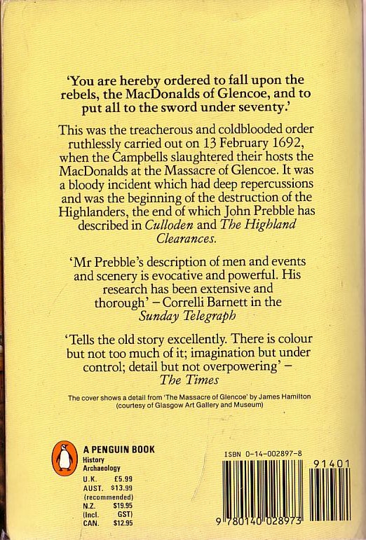 John Prebble  GLENCOE (Highland Massacre) magnified rear book cover image