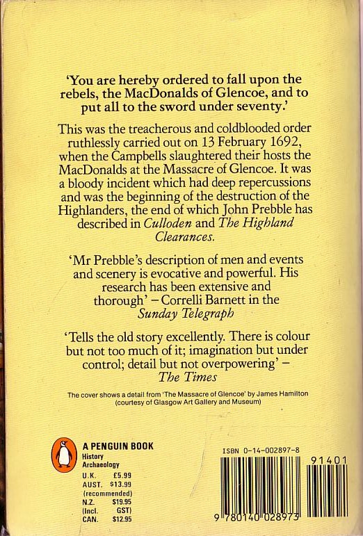 John Prebble GLENCOE (Highland Massacre)<BR>
    Penguin rpt.N/D (304pp) rear cover image