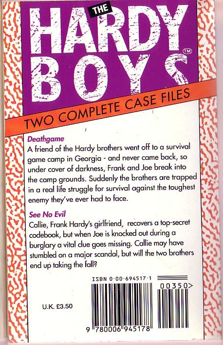 Franklin W. Dixon  THE HARDY BOYS: DEATHGAME/ SEE NO EVIL magnified rear book cover image