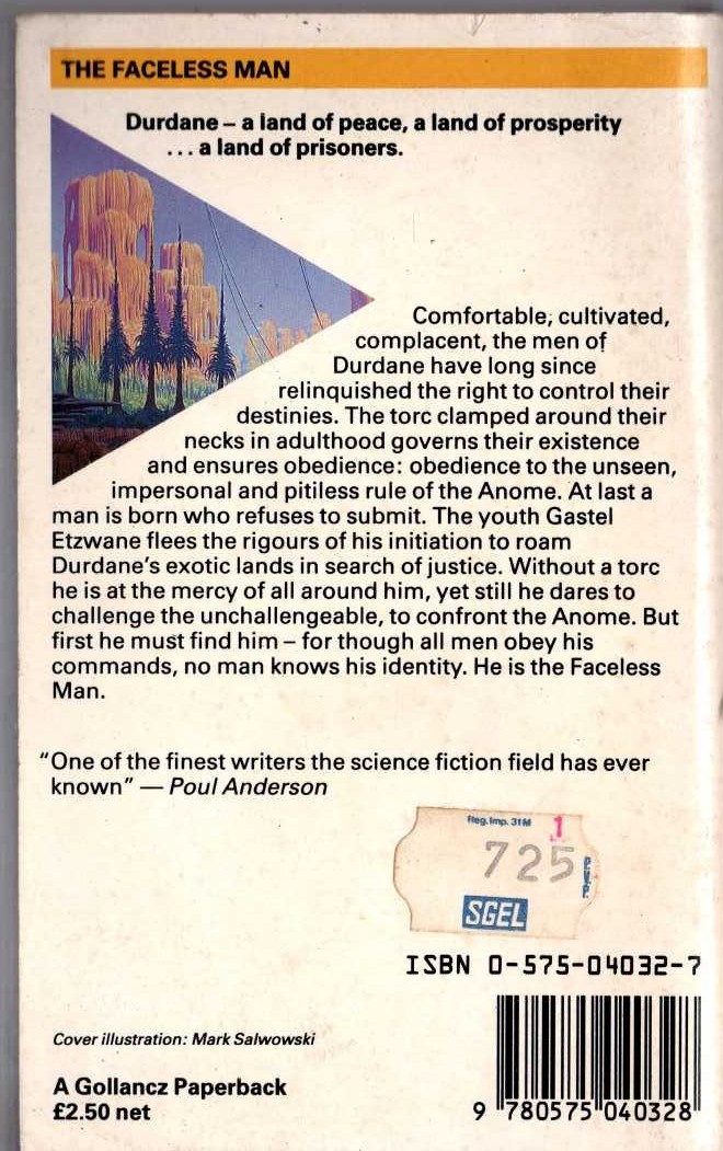 Jack Vance  THE FACELESS MAN magnified rear book cover image