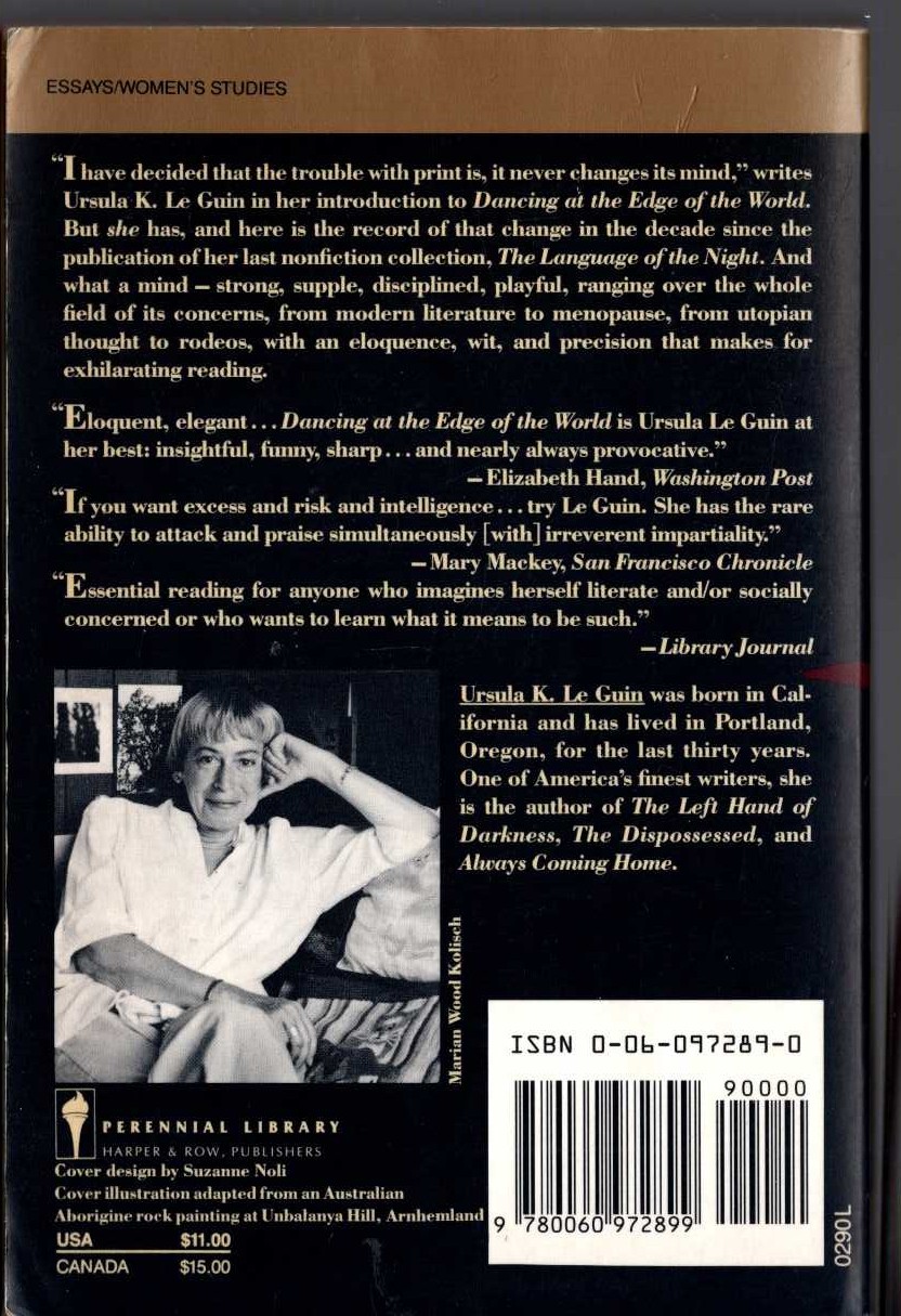 Ursula Le Guin  DANCING AT THE EDGE OF THE WORLD. Thoughts on words, women, places magnified rear book cover image