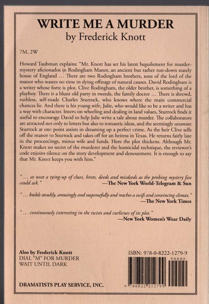 Frederick Knott  WRITE ME A MURDER magnified rear book cover image