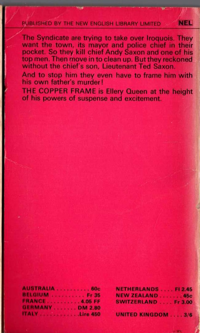 Ellery Queen  THE COPPER FRAME magnified rear book cover image