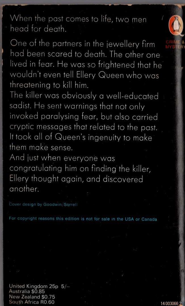 Ellery Queen  THE ORIGIN OF EVIL magnified rear book cover image
