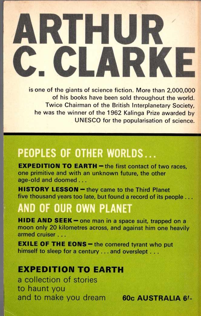 Arthur C. Clarke  EXPEDITION TO EARTH magnified rear book cover image