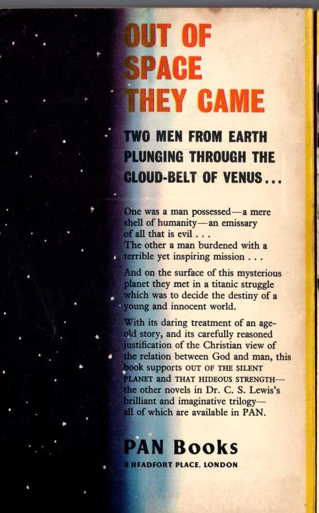 C.S. Lewis  VOYAGE TO VENUS magnified rear book cover image