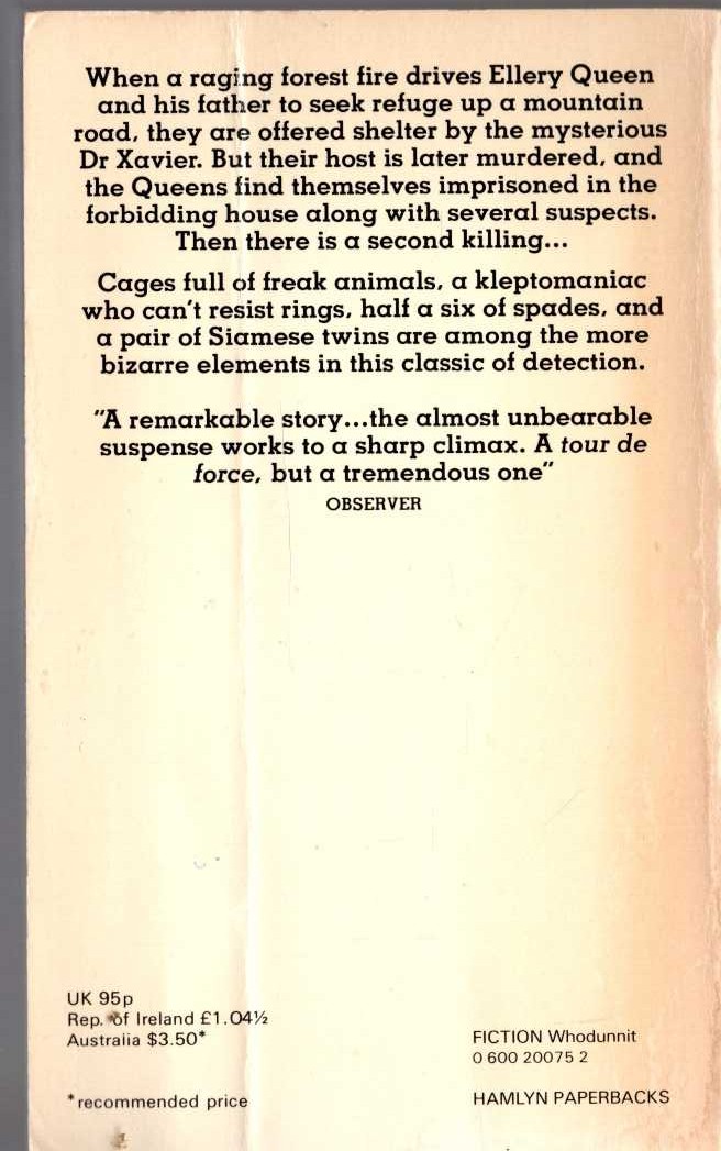 Ellery Queen  THE SIAMESE TWIN MYSTERY magnified rear book cover image