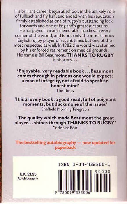 Bill Beaumont  THANKS TO RUGBY. The Autobiography magnified rear book cover image