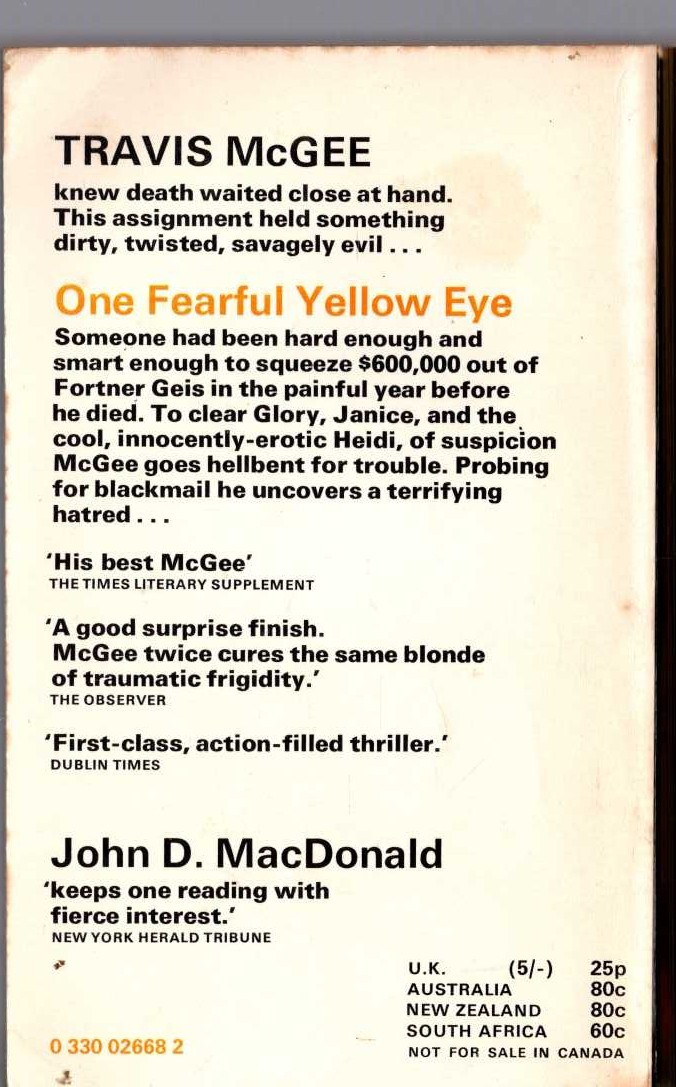 John D. MacDonald  ONE FEARFUL YELLOW EYE magnified rear book cover image