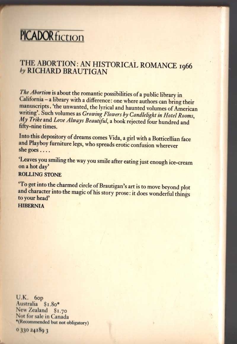 Richard Brautigan  THE ABORTION: AN HISTORICAL ROMANCE 1966 magnified rear book cover image